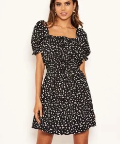 AX Paris Black Floral Printed Puff Sleeve Ditsy Dress Dresses
