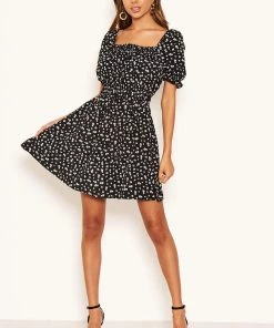 AX Paris Black Floral Printed Puff Sleeve Ditsy Dress Dresses
