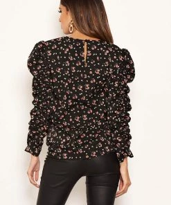 AX Paris Tops Black Floral Ruched Sleeves Top