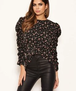 AX Paris Tops Black Floral Ruched Sleeves Top