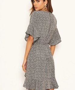 AX Paris Black Ditsy Printed Frill Hem Wrap Dress Dresses