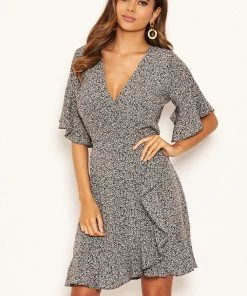 AX Paris Black Ditsy Printed Frill Hem Wrap Dress Dresses