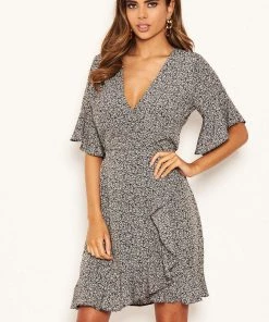 AX Paris Black Ditsy Printed Frill Hem Wrap Dress Dresses