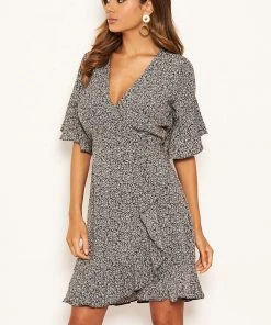 AX Paris Black Ditsy Printed Frill Hem Wrap Dress Dresses