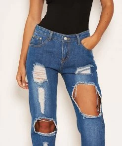 AX Paris Blue Ripped Mom Jean Jeans
