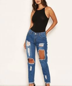 AX Paris Blue Ripped Mom Jean Jeans