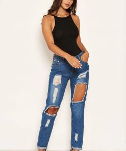 AX Paris Blue Ripped Mom Jean Jeans