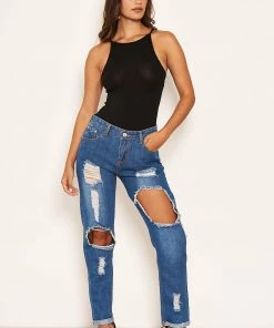 AX Paris Blue Ripped Mom Jean Jeans