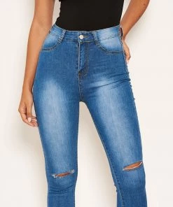 AX Paris Blue Ripped Knee High Waisted Jean Jeans