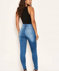 AX Paris Blue Ripped Knee High Waisted Jean Jeans
