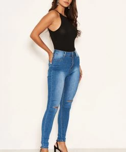 AX Paris Blue Ripped Knee High Waisted Jean Jeans