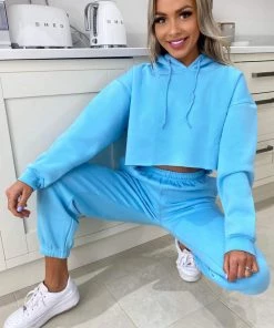AX Paris Baby Blue Cropped Hoodie Lounge Set Tops