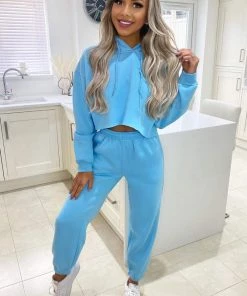 AX Paris Baby Blue Cropped Hoodie Lounge Set Tops