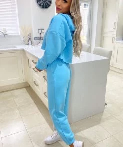 AX Paris Baby Blue Cropped Hoodie Lounge Set Tops