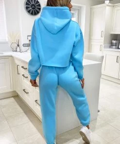 AX Paris Baby Blue Cropped Hoodie Lounge Set Tops