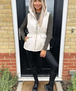 AX Paris Beige Drawstring Waist Hooded Gilet