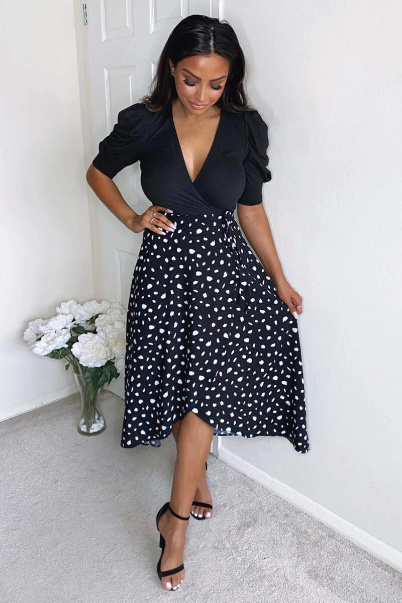 AX Paris Black 2 In 1 Wrap Over Printed Dress Dresses 2 AX Paris Black 2 In 1 Wrap Over Printed Dress Dresses