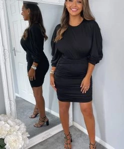 AX Paris Black Bat Wing Ruched Mini Dress