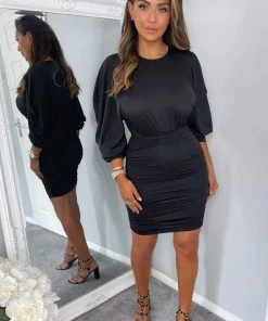 AX Paris Black Bat Wing Ruched Mini Dress