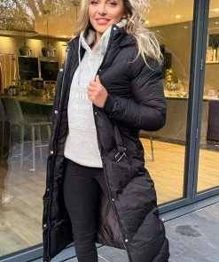 AX Paris Black Belted Long Puffer Coat Coats & Jackets