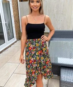 AX Paris Black Bright Floral Printed Wrap Skirt