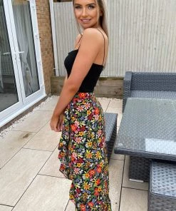 AX Paris Black Bright Floral Printed Wrap Skirt