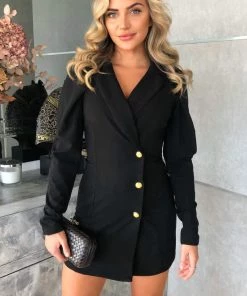 AX Paris Dresses Black Button Up Puff Sleeve Blazer Dress