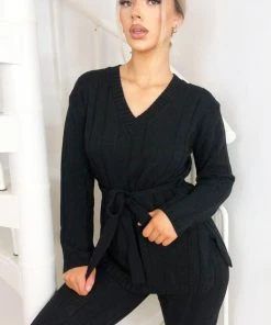 AX Paris Black Chunky Knit Tie Waist Lounge Suit Loungewear