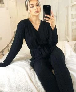 AX Paris Black Chunky Knit Tie Waist Lounge Suit Loungewear