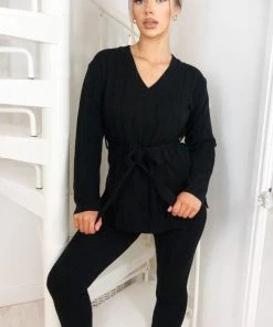 AX Paris Black Chunky Knit Tie Waist Lounge Suit Loungewear