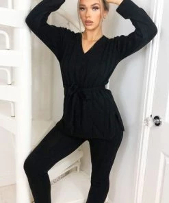 AX Paris Black Chunky Knit Tie Waist Lounge Suit Loungewear