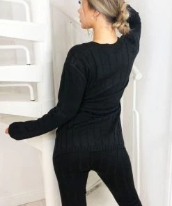 AX Paris Black Chunky Knit Tie Waist Lounge Suit Loungewear