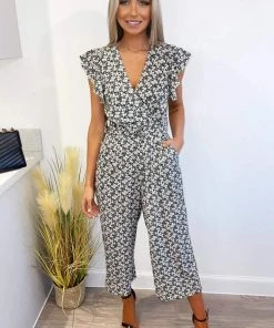 AX Paris Jumpsuits And Playsuits Black Daisy Print Wrap Jumpsuit
