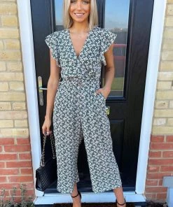 AX Paris Jumpsuits And Playsuits Black Daisy Print Wrap Jumpsuit