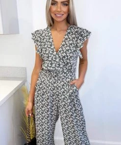 AX Paris Jumpsuits And Playsuits Black Daisy Print Wrap Jumpsuit