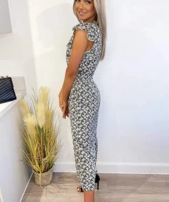 AX Paris Jumpsuits And Playsuits Black Daisy Print Wrap Jumpsuit