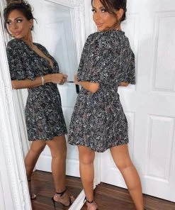 AX Paris Black Ditsy Floral Flared Sleeve Pleat Dress 11 AX Paris Black Ditsy Floral Flared Sleeve Pleat Dress