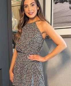 AX Paris Jumpsuits And Playsuits Black Ditsy Floral High Neck Playsuit