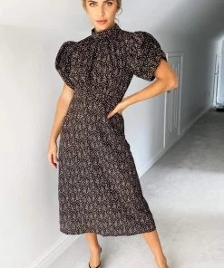 AX Paris Dresses Black Ditsy Floral Puff Sleeve Midi Dress