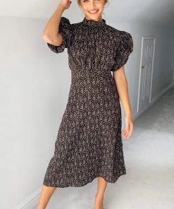 AX Paris Dresses Black Ditsy Floral Puff Sleeve Midi Dress