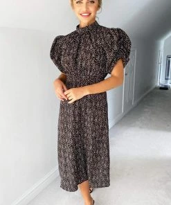 AX Paris Dresses Black Ditsy Floral Puff Sleeve Midi Dress