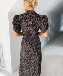 AX Paris Dresses Black Ditsy Floral Puff Sleeve Midi Dress