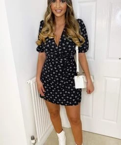 AX Paris Dresses Black Ditsy Floral And Spot Pleat Wrap Dress