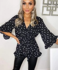 AX Paris Tops Black Ditsy Floral And Spot Wrap Top