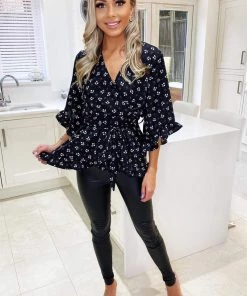 AX Paris Tops Black Ditsy Floral And Spot Wrap Top