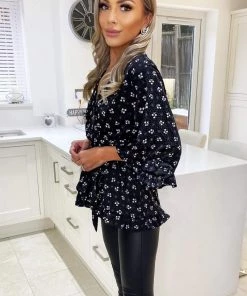 AX Paris Tops Black Ditsy Floral And Spot Wrap Top