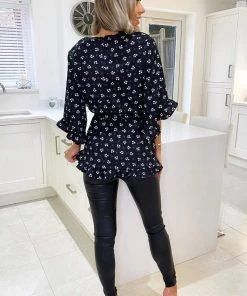 AX Paris Tops Black Ditsy Floral And Spot Wrap Top
