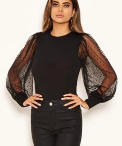 AX Paris Black Dobby Mesh Long Sleeve Bodysuit