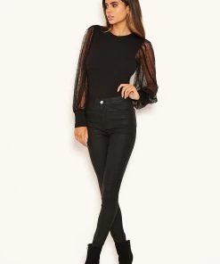 AX Paris Black Dobby Mesh Long Sleeve Bodysuit