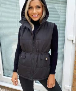 AX Paris Coats & Jackets Black Drawstring Waist Hooded Gilet